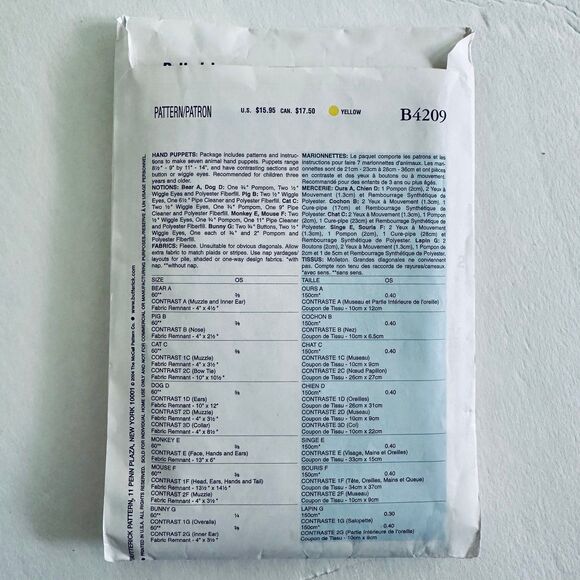 Butterick 4209 Animal Hand Puppet BEAR DOG CAT MONKEY ONLY Pattern *INCOMPLETE - Picture 2 of 2